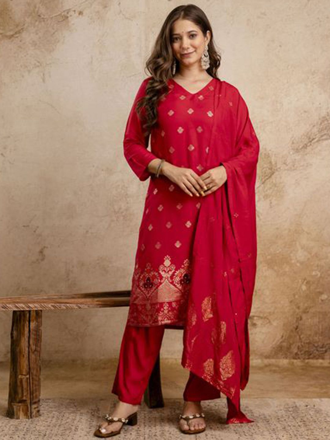 Twika Women Solid Printed Kurta with Trousers & Dupatta