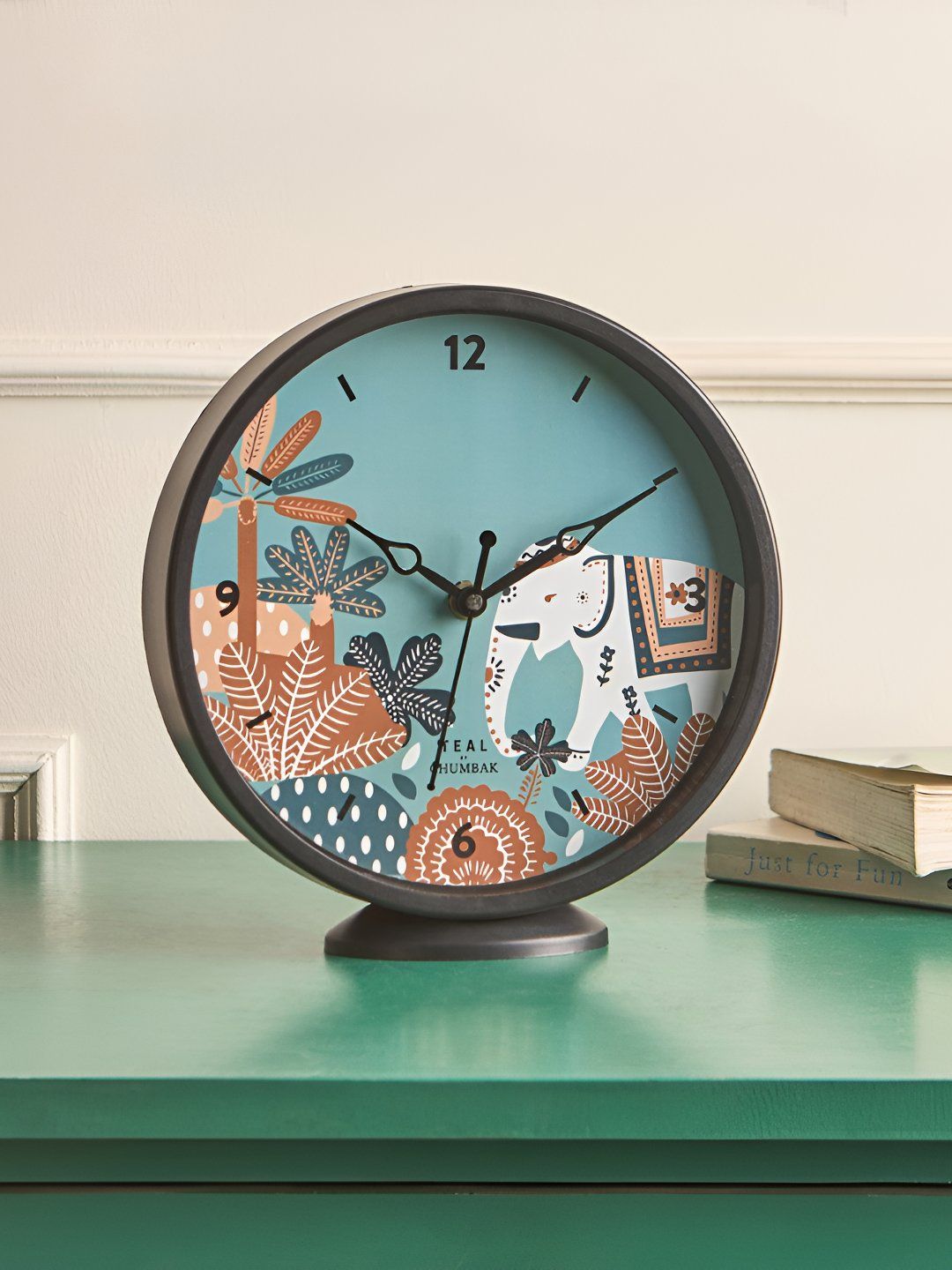 TEAL BY CHUMBAK Ele Garden Teal & White Printed Contemporary Round Shaped Wall Clock