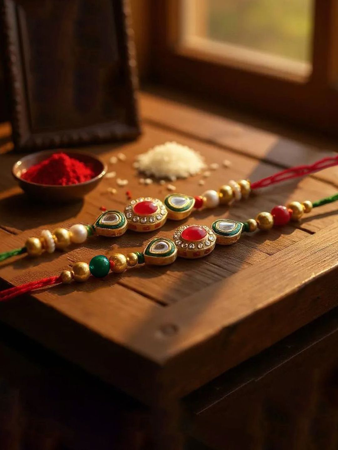 LUCKY JEWELLERY Set Of 2 Kundan Beaded Thread Rakhi With Greeting Card-picture-24
