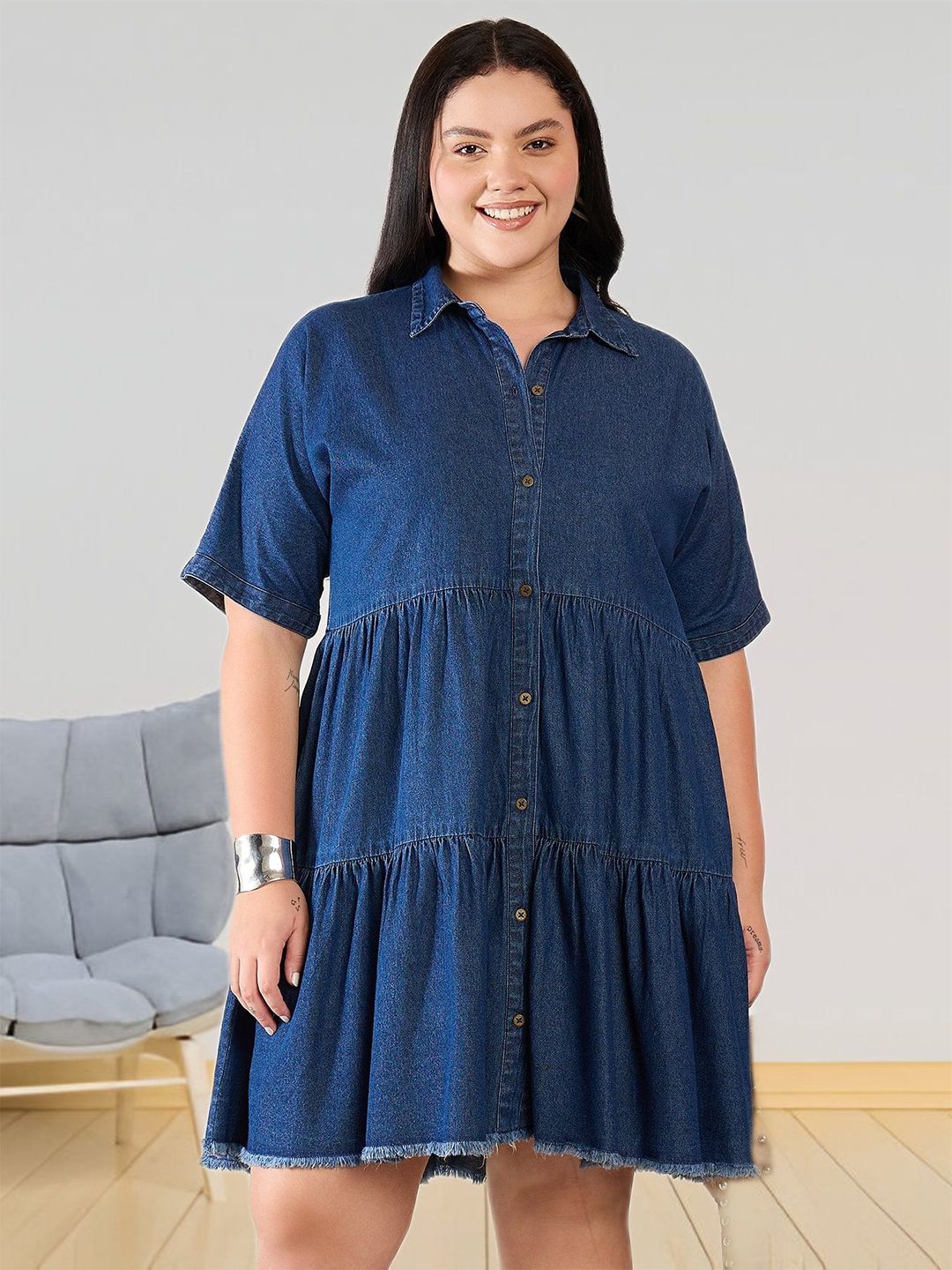 Sztori Women Shirt Collar Cotton Denim Dress