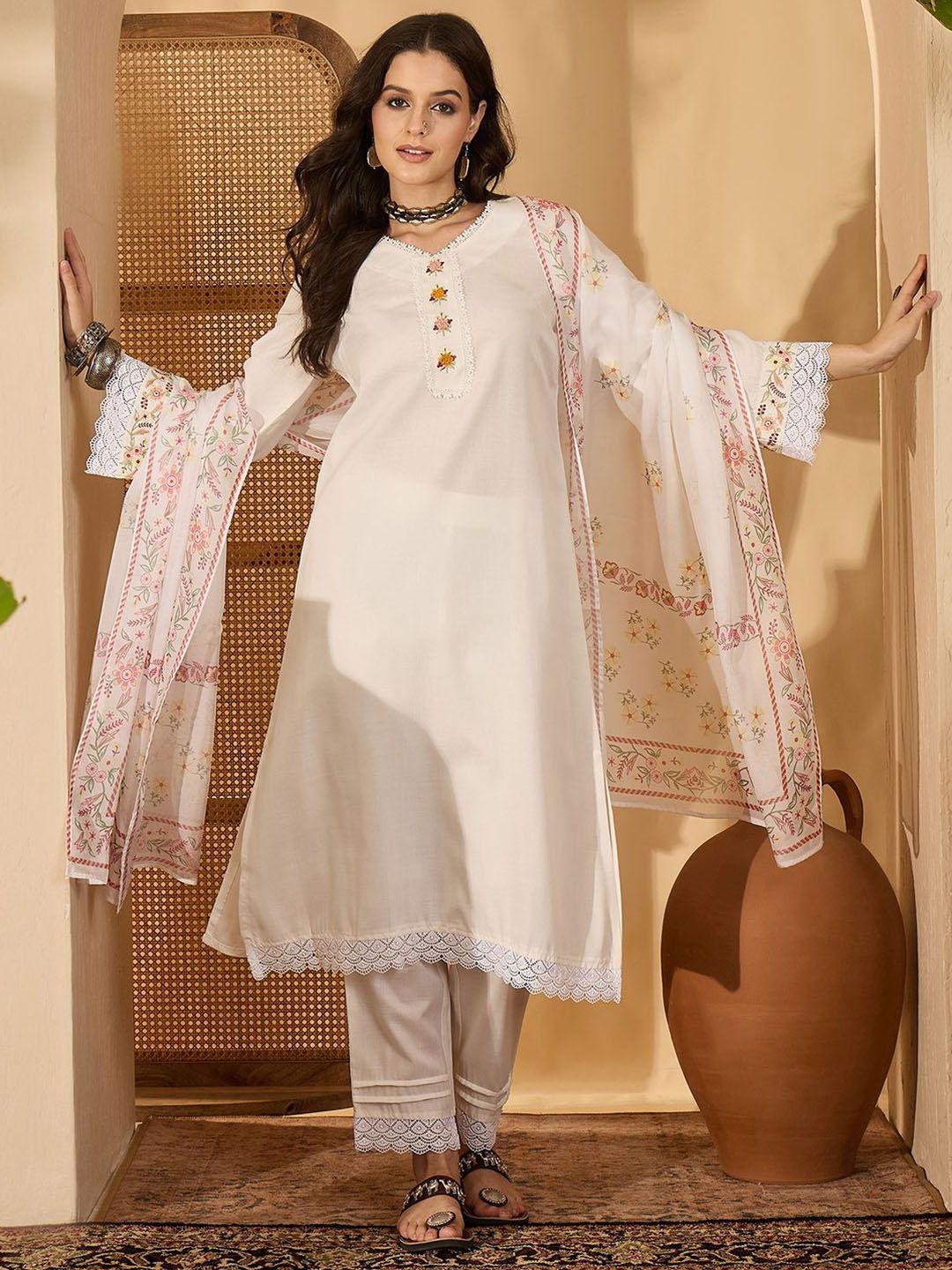 Sangria Floral Embroidered V-Neck Kurta & Trousers With Dupatta