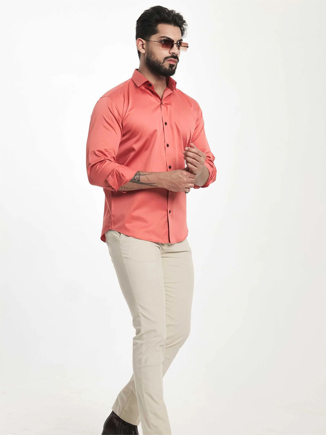 Foomer Men Standard Fit Solid Spread Collar Satin Casual Shirt-picture-58