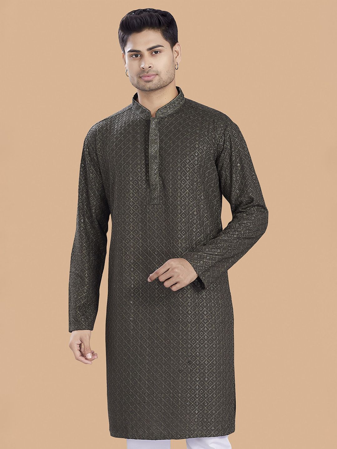 DIVISIVE Geometric Embroidered Thread Work Mandarin Collar Slim Fit Kurta-picture-21