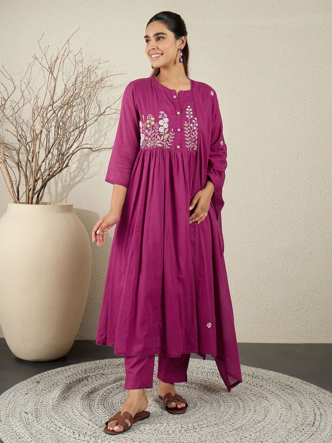Indo Era Floral Embroidered Thread Work Pure Cotton Kurta With Trousers & Dupatta