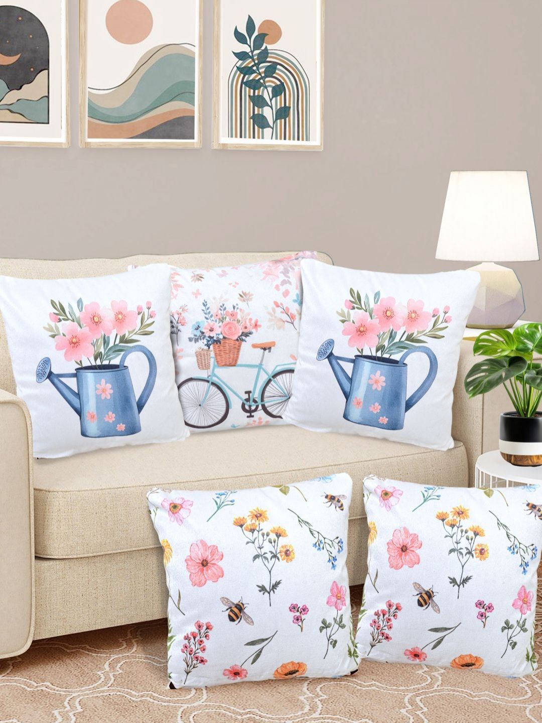 FABINALIV White & Pink 5 Pieces Printed Velvet Square Cushion Covers-image-35