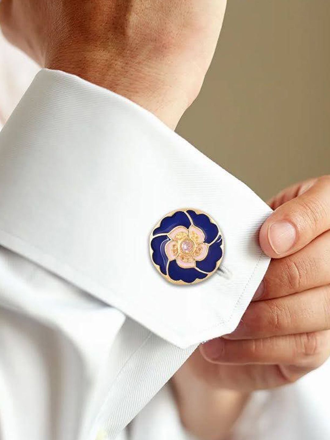 House of Pataudi Men Gold-Plated Stone Studded Round Cufflinks-picture-12