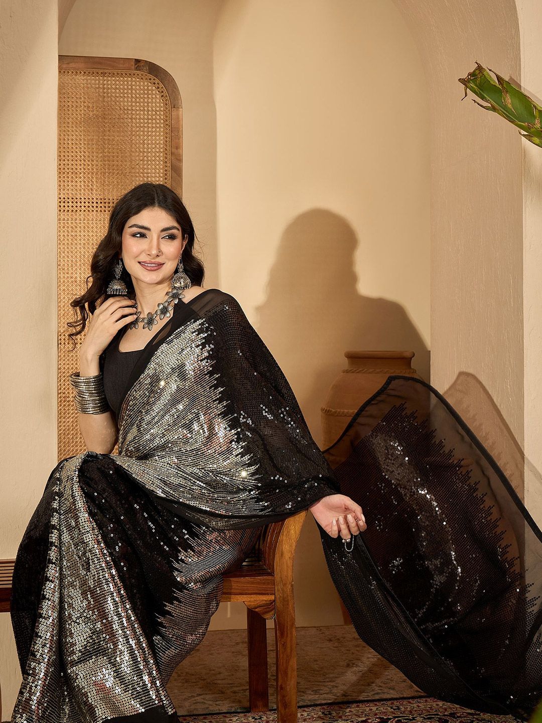 Sangria Sequinned Embellished Saree With Unstitched Blouse