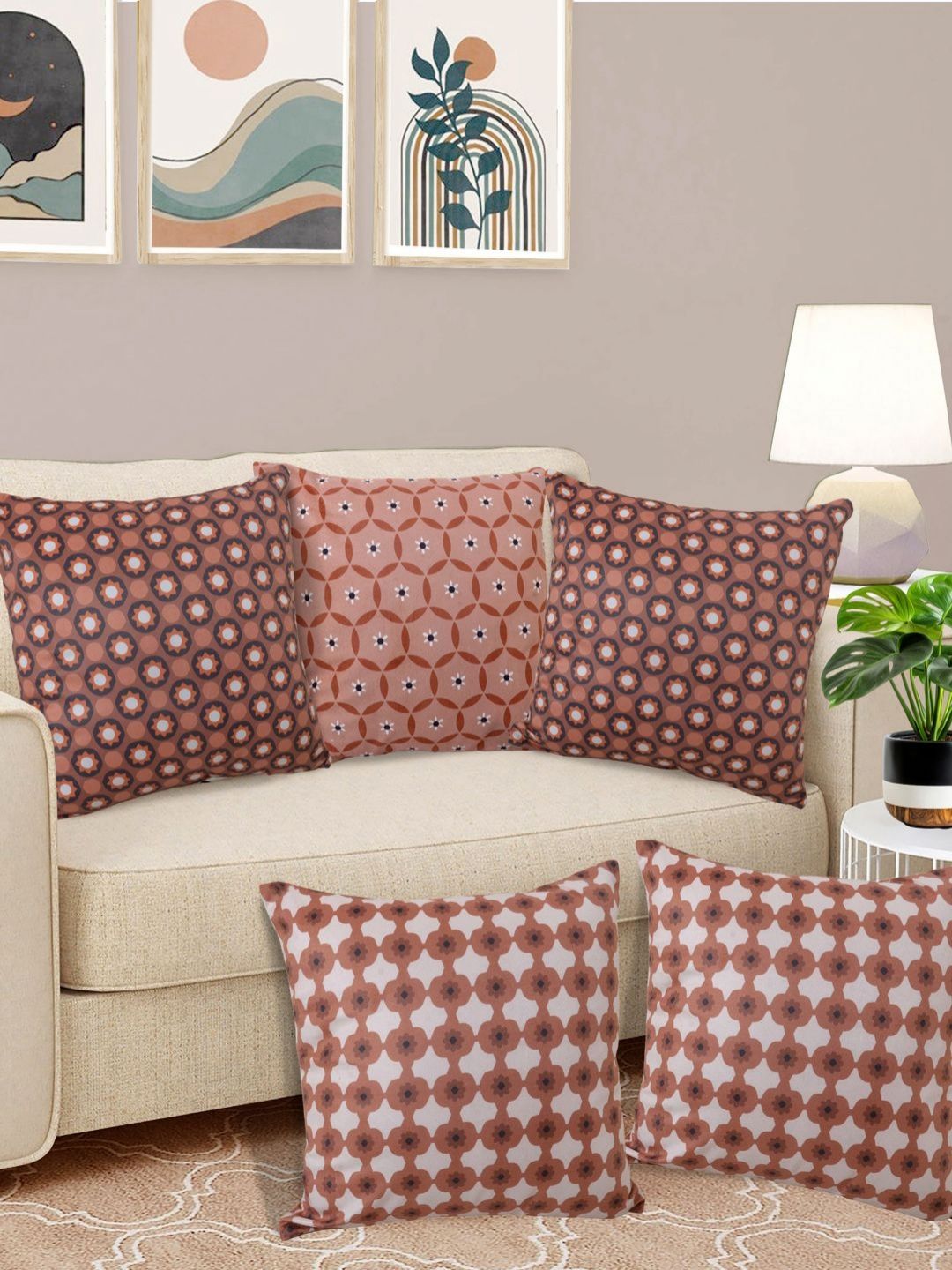 FABINALIV Brown & White 5 Pieces Geometric Velvet Reversible Square Cushion Covers-image-45