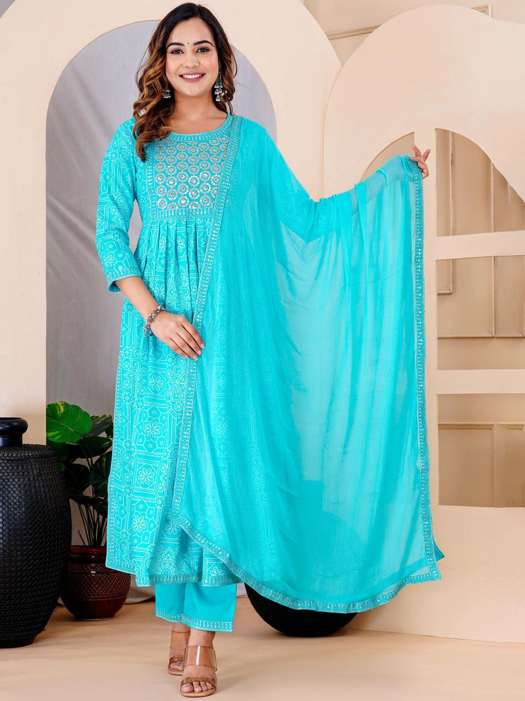 HERE&NOW Women Ethnic Motifs Embroidered Pleated Sequinned Kurta & Trousers With Dupatta