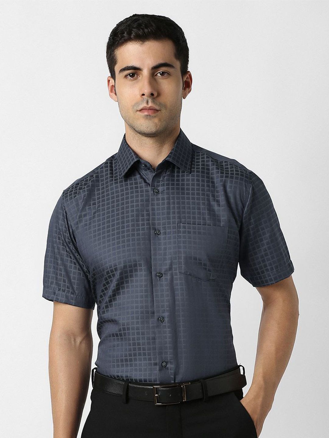 Van Heusen Men Slim Fit Textured Spread Collar Pure Cotton Formal Shirt-picture-11