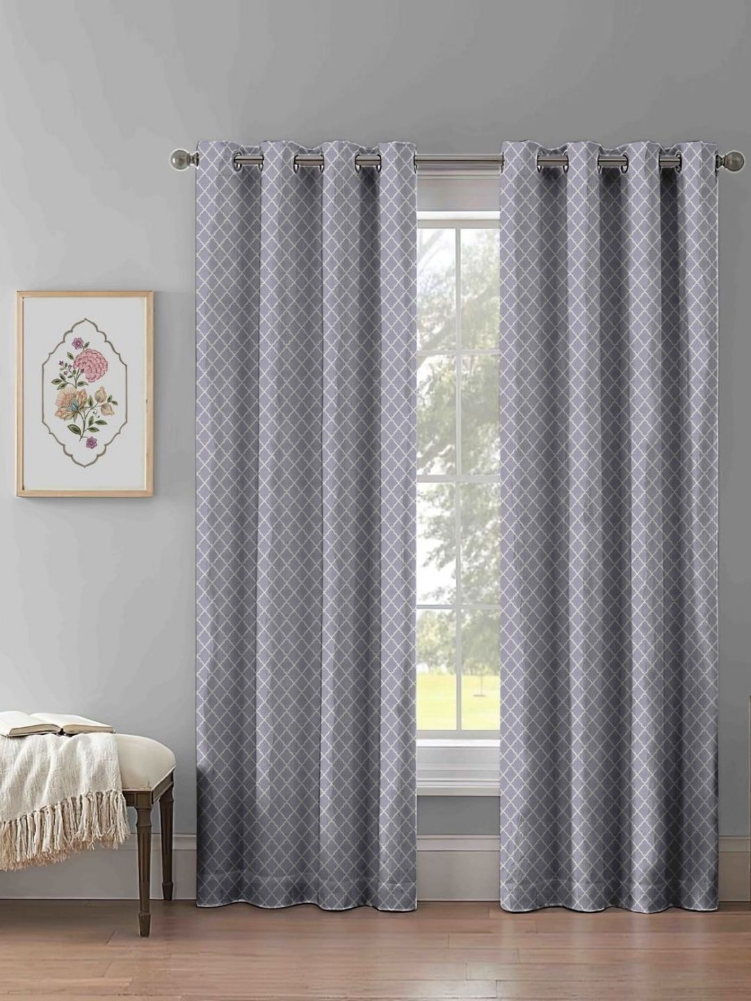 Aura Grey & White 2 Pieces Geometric Printed Room Darkening Long Door Curtains-image-21