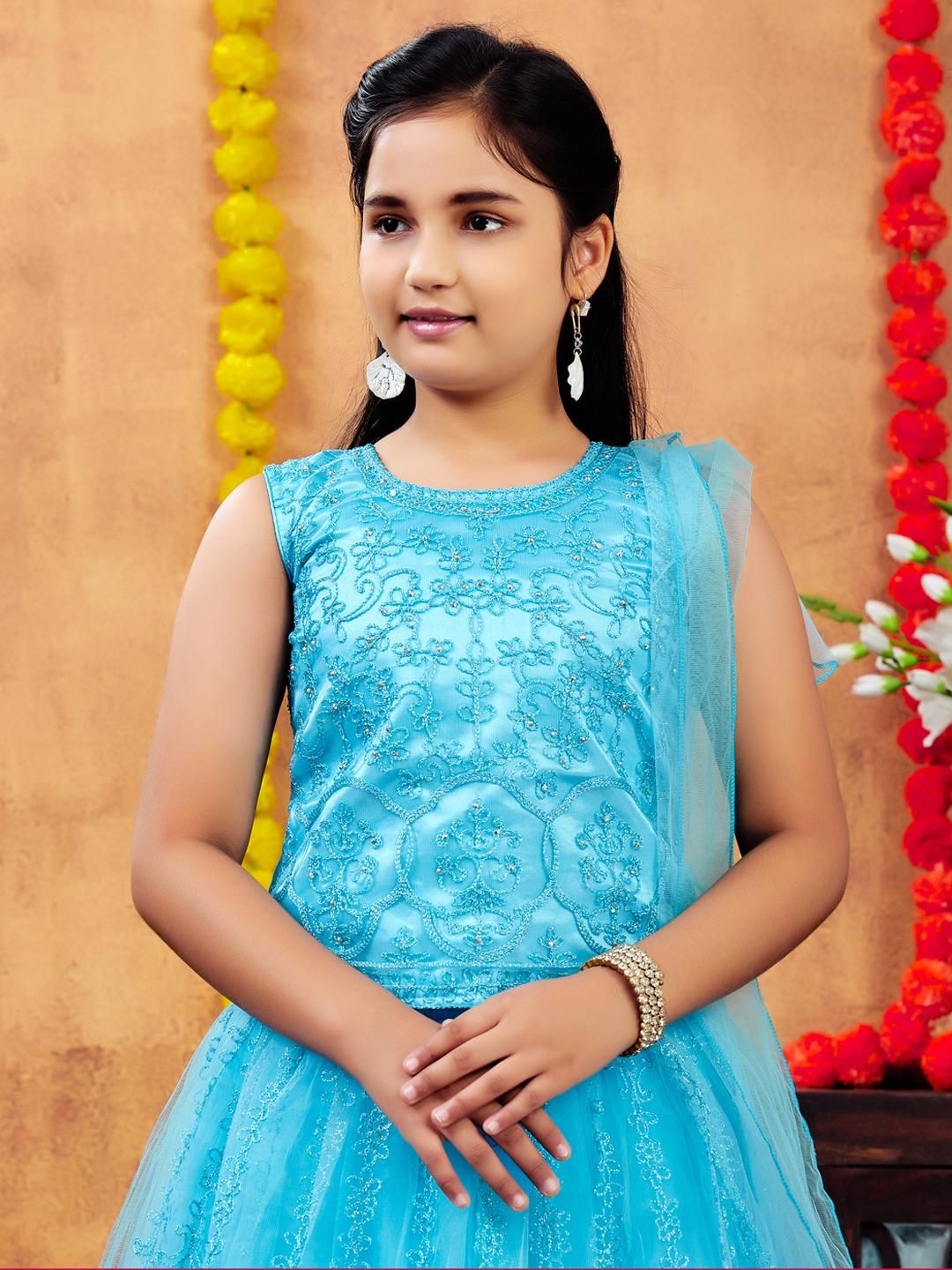 Sangria Girls Turquoise Blue Net Lehenga Choli-picture-26