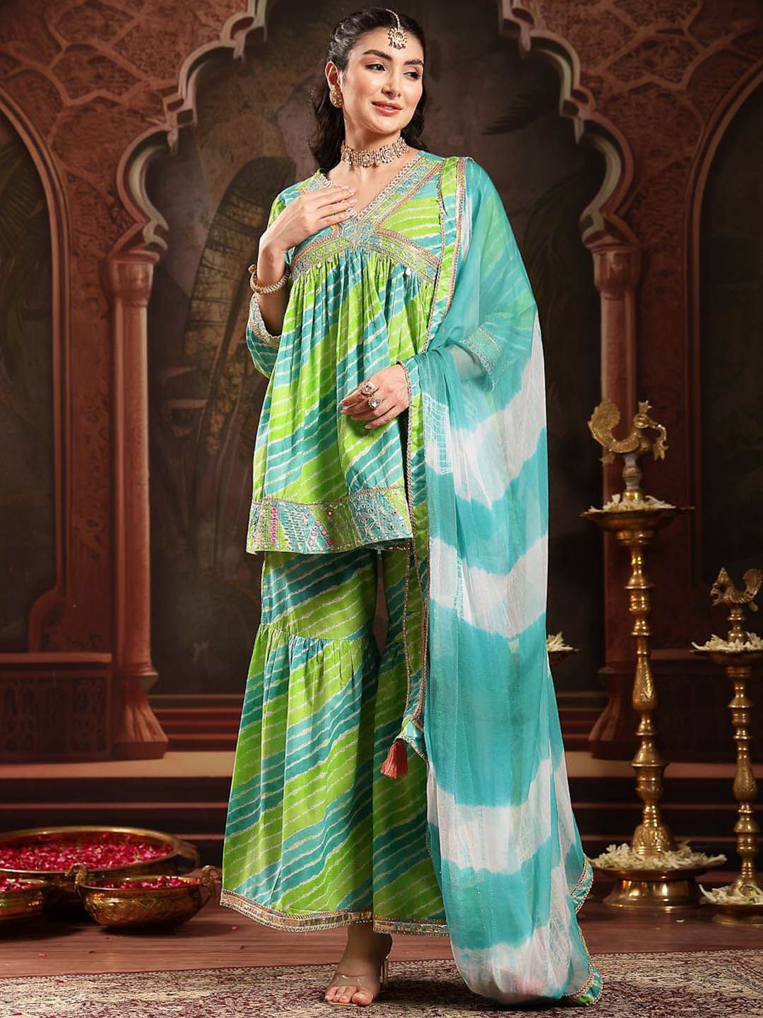 Stylum Women Leheriya Self Design Cotton Kurta with Sharara & Dupatta