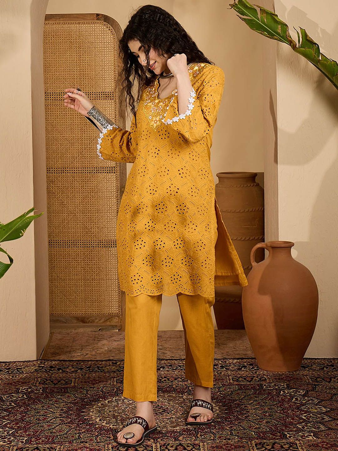 Sangria Women Chikankari Schiffli-Embroidered Pure Cotton Kurta Set