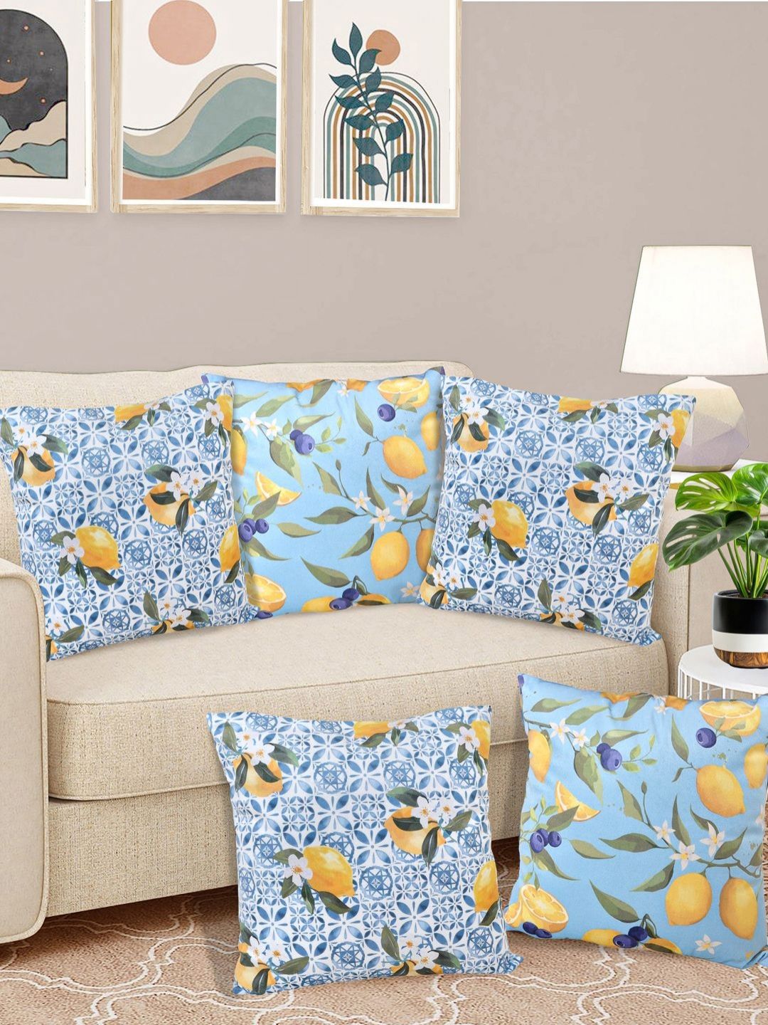 FABINALIV Blue & Orange 5 Pieces Floral Velvet Square Cushion Covers-image-39