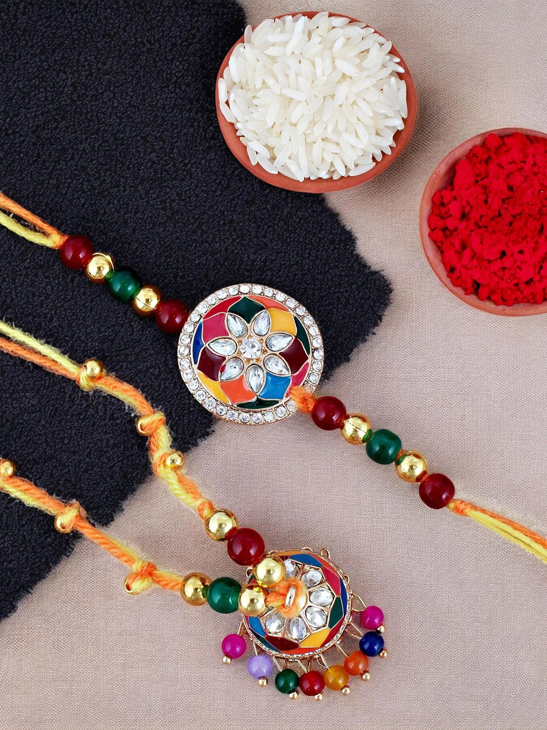 LUCKY JEWELLERY Pack Of 2 Gold-Plated & Beaded Rakhi With Roli, Chawal & Greeting Cards.-picture-22