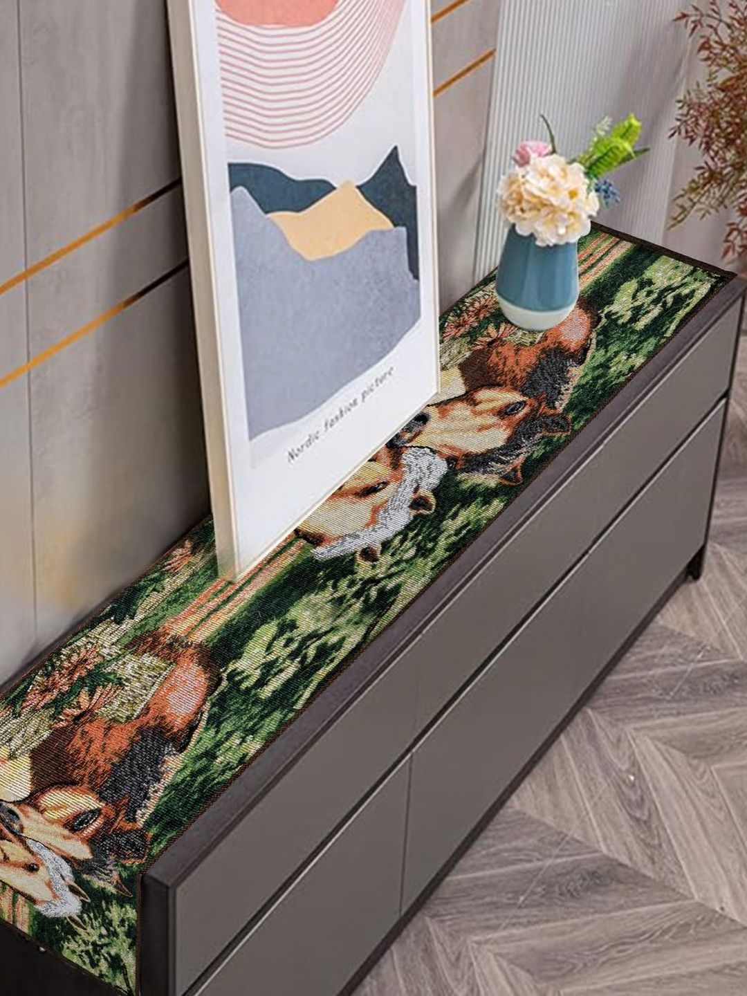 PRAKARTIK Green & Brown Printed Pure Cotton Table Runner