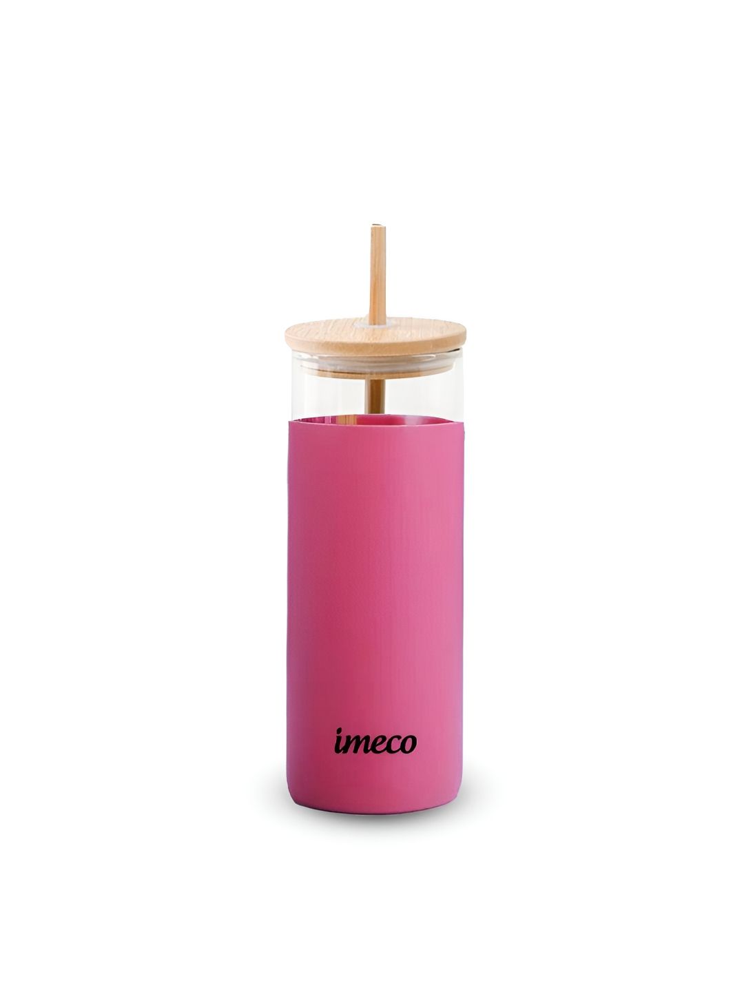 IMECO ECO-SIPPER Pink Glass Water Tumbler With Bamboo Lid & Straw 450ml