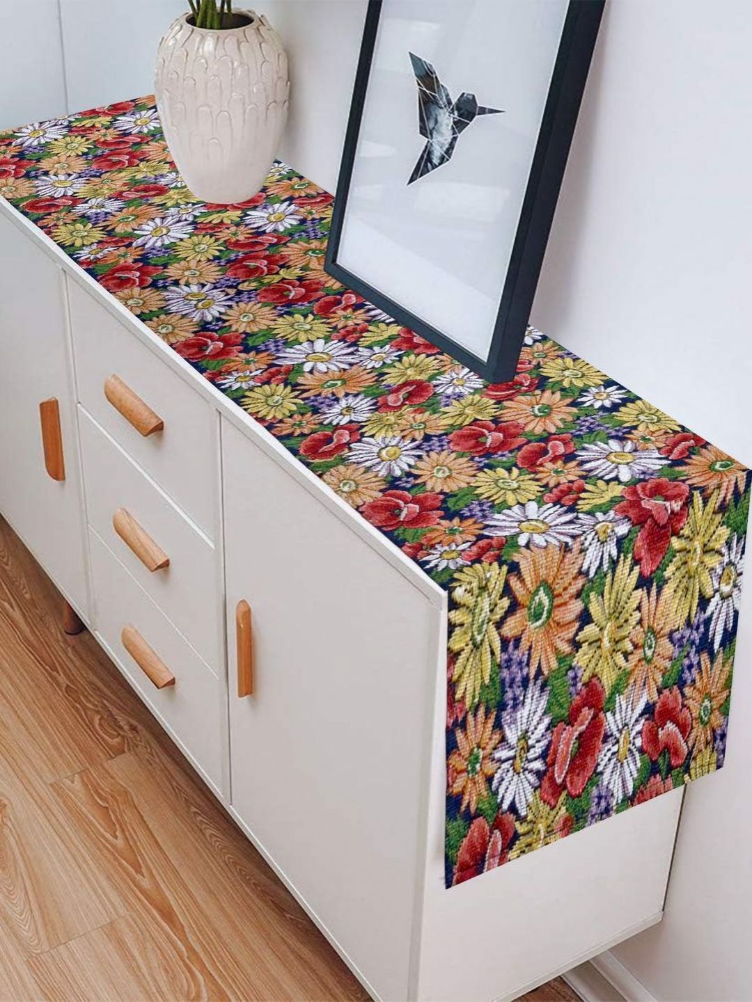 PRAKARTIK Yellow & Red Floral Printed Pure Cotton Durable TableRunner