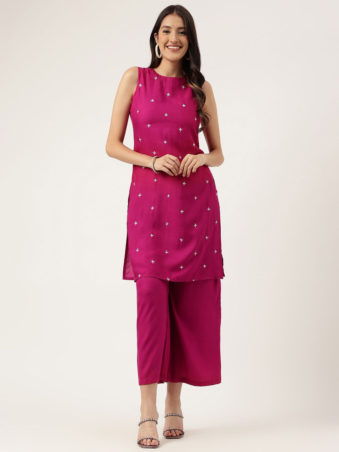 HERE&NOW Women Floral Embroidered Sleeveless Straight Kurta with Trousers