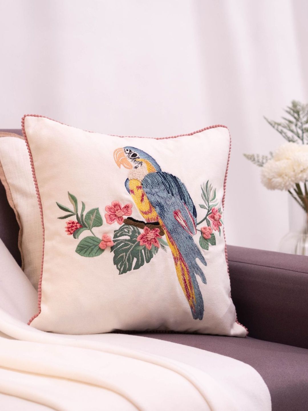 haus & kinder Tropical Plumage White & Blue Embroidered Cotton Square Cushion Covers-picture-35