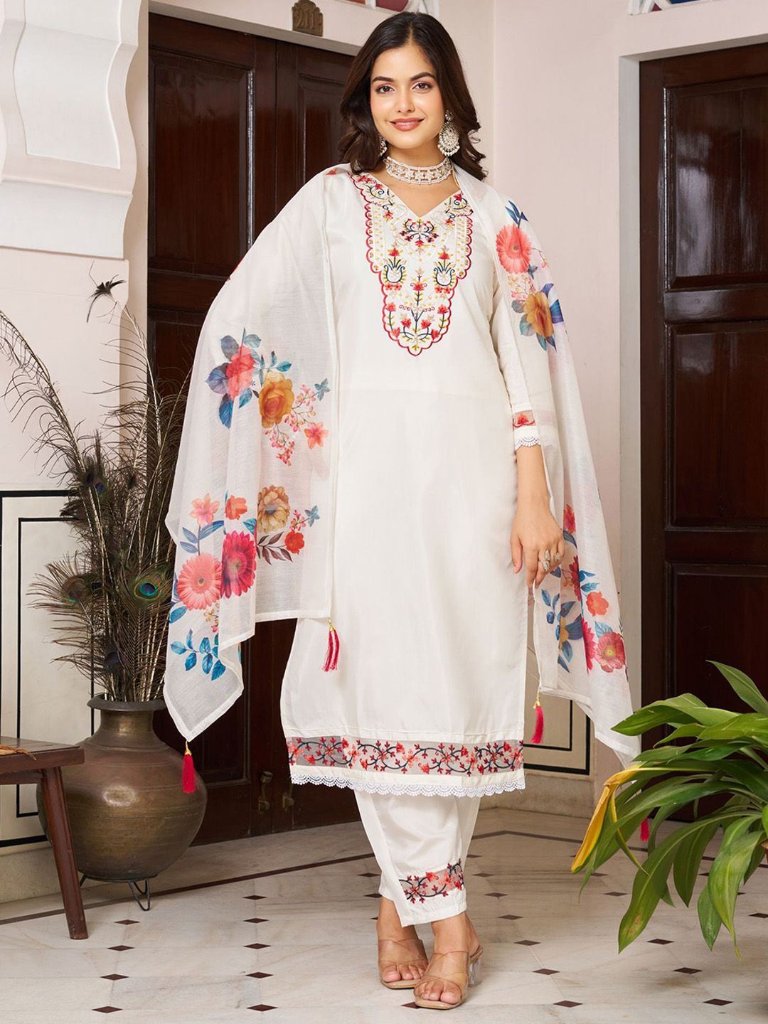 KALINI Women Floral Embroidered Kurta with Palazzo & Dupatta
