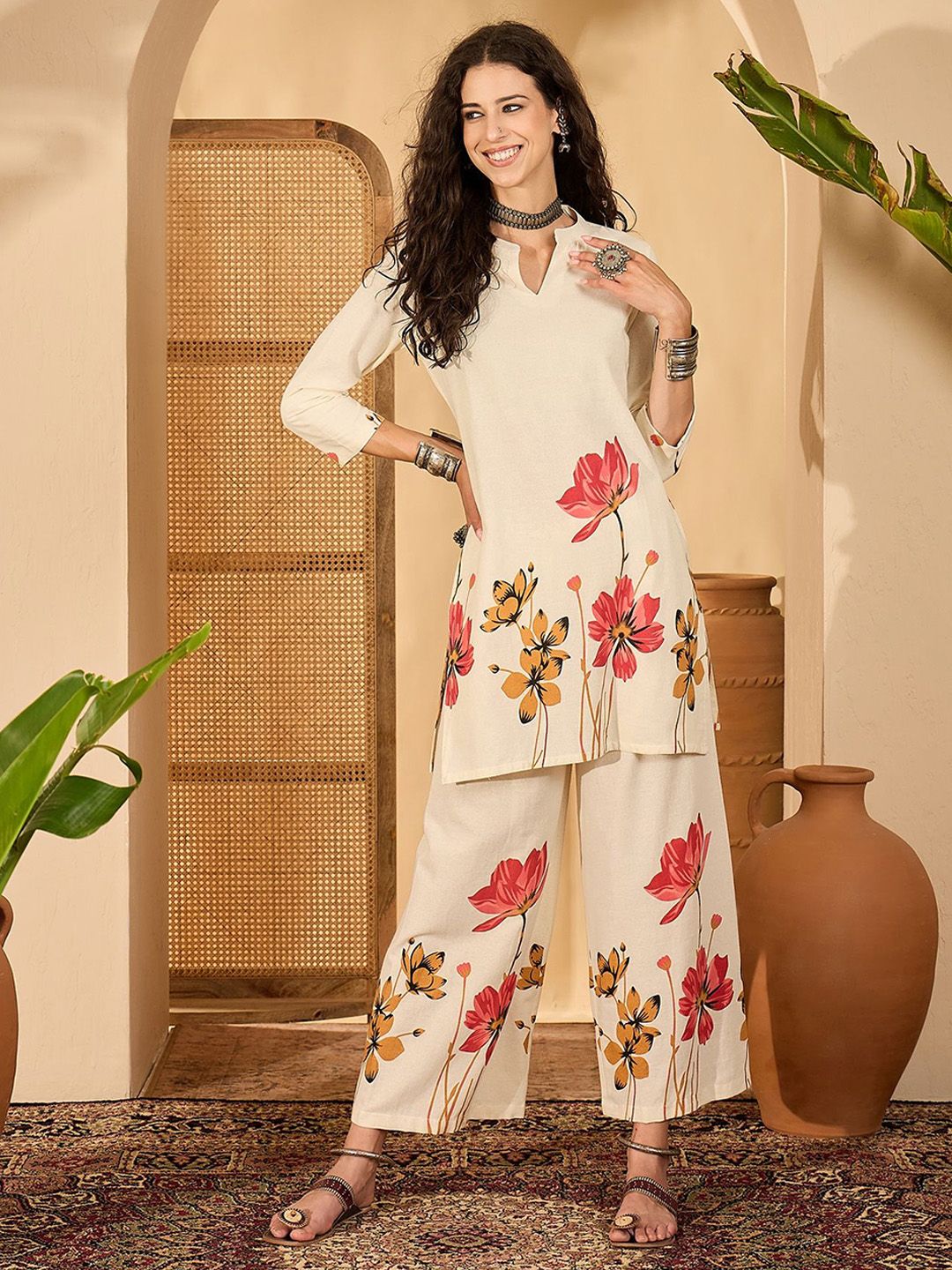 Sangria Floral Printed Pure Cotton Tunic With Trouser Co-Ords-picture-32