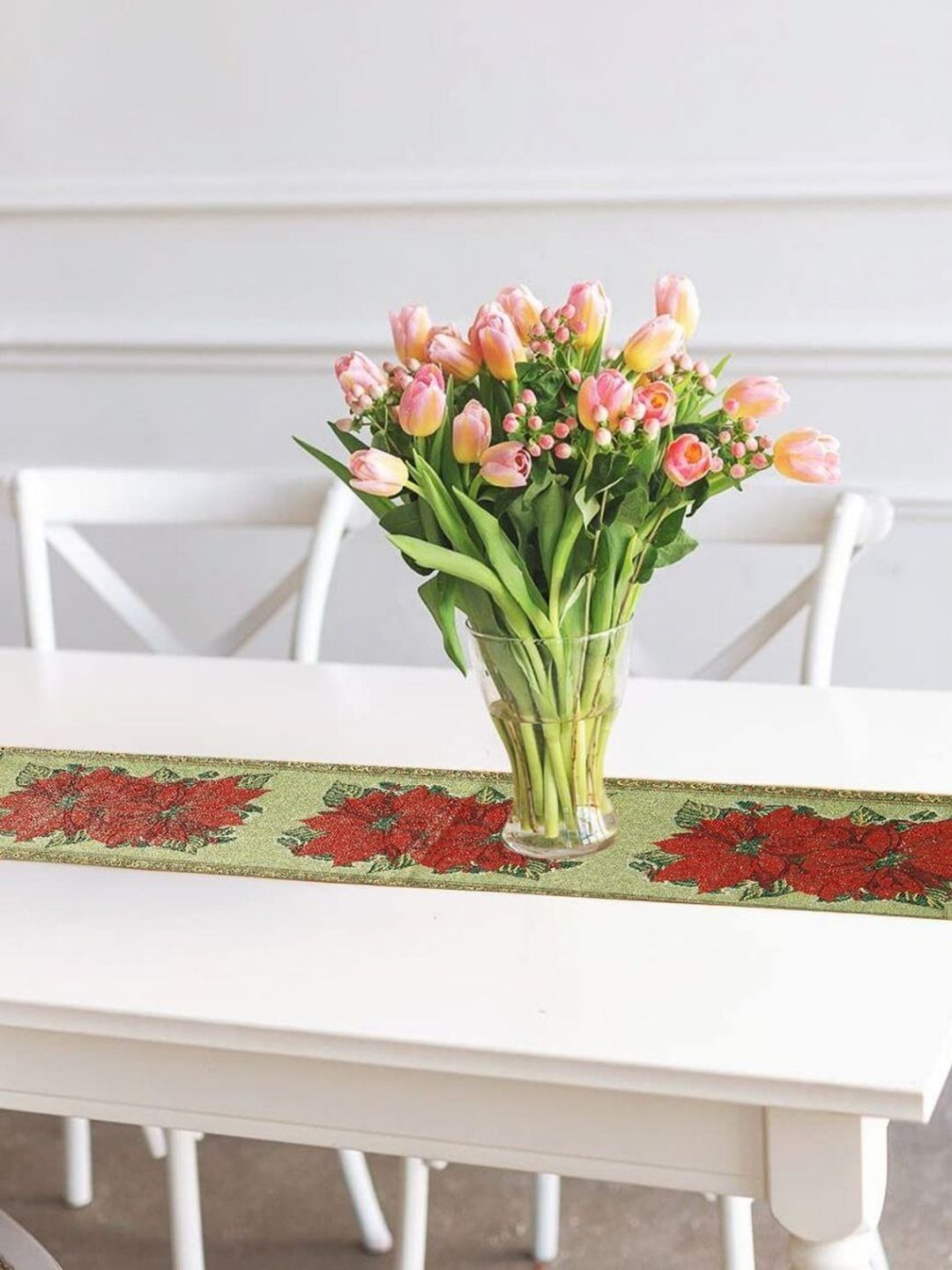 PRAKARTIK Green & Red Floral Printed Pure Cotton Durable Table Runner