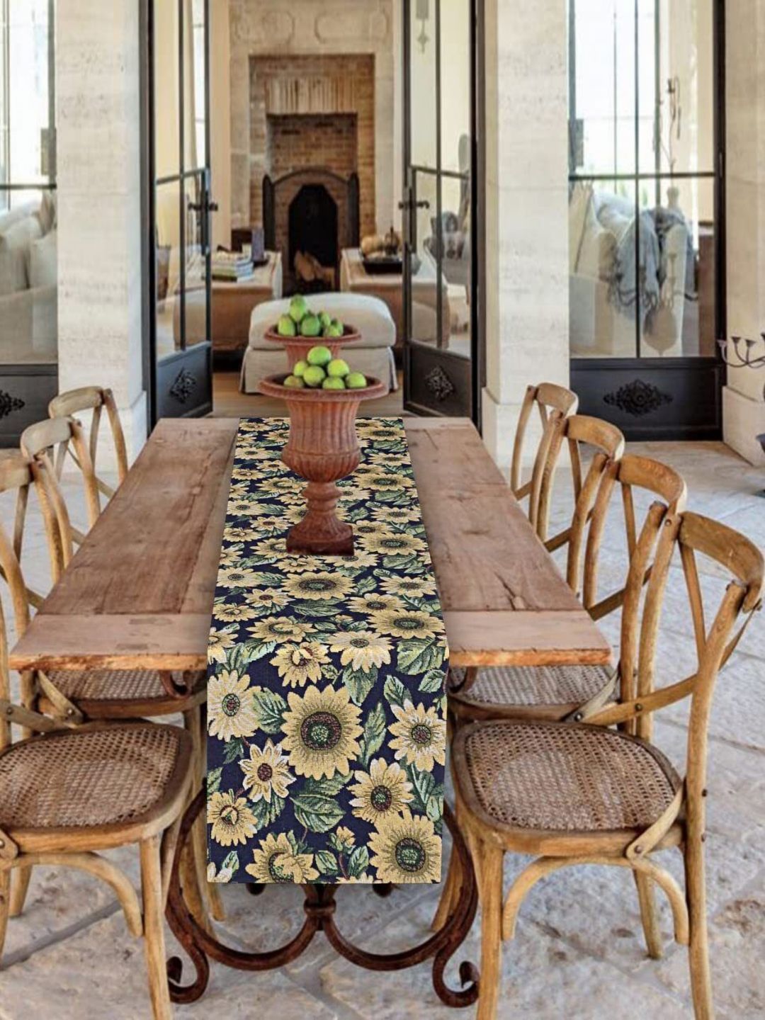 PRAKARTIK Yellow & Navy Blue Floral Printed Pure Cotton Durable Table Runner