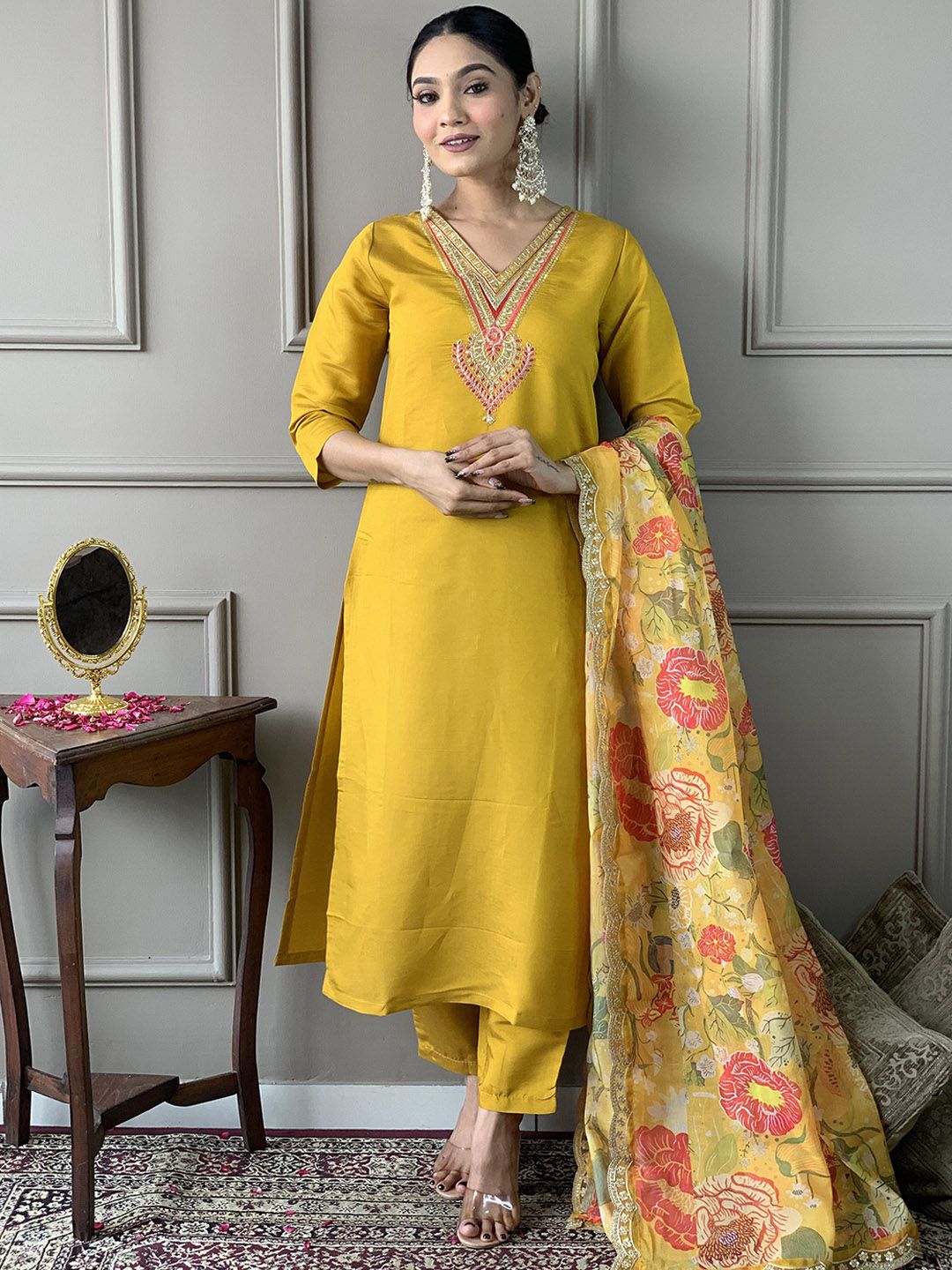 KALINI Floral Embroidered Straight Thread Work Chanderi Silk Kurta With Trousers & Dupatta