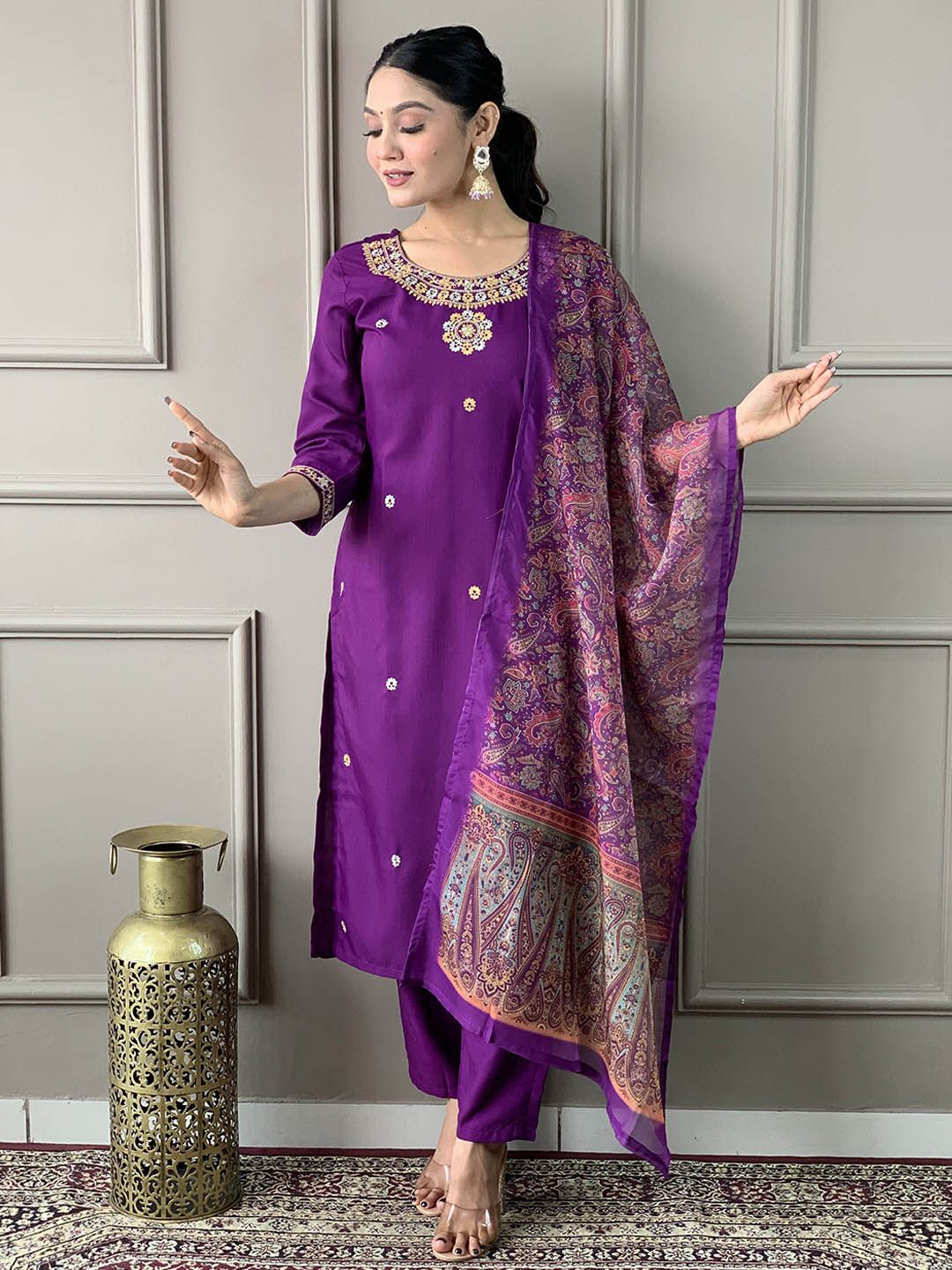 KALINI Floral Embroidered Straight Thread Work Kurta With Trousers & Dupatta