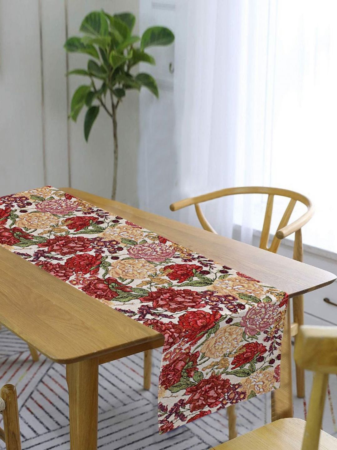 PRAKARTIK Beige & Red Floral Printed Pure Cotton Table Runner