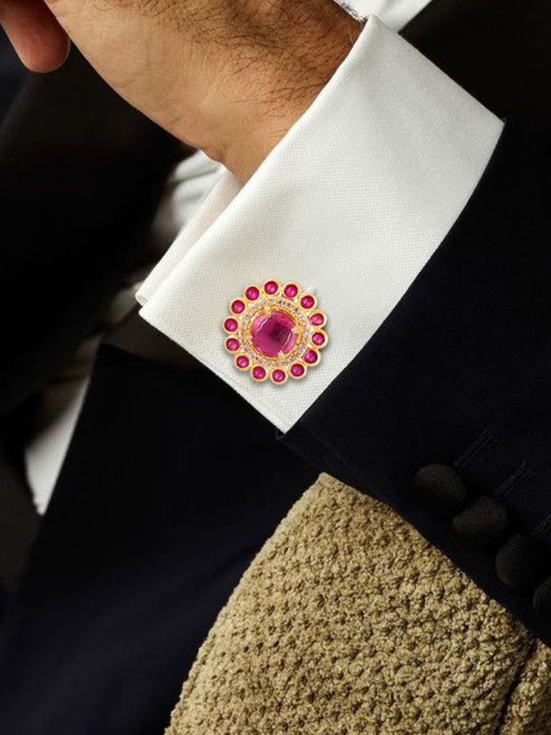 House of Pataudi Men Gold-Plated Stones Studded Enamel Detail Cuff Links-picture-34