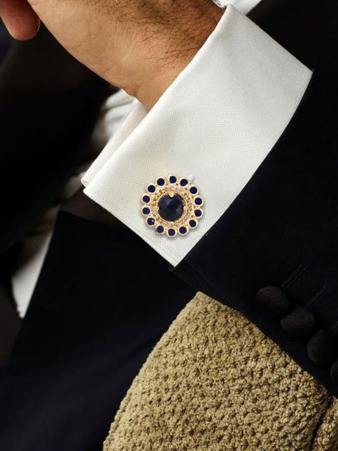 House of Pataudi Men Embellished Gold-Plated Stone-Studded Cufflinks-picture-38