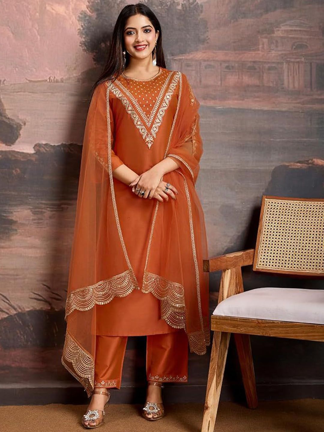 KALINI Women Ethnic Motifs Embroidered Thread Work Kurta with Trousers & With Dupatta