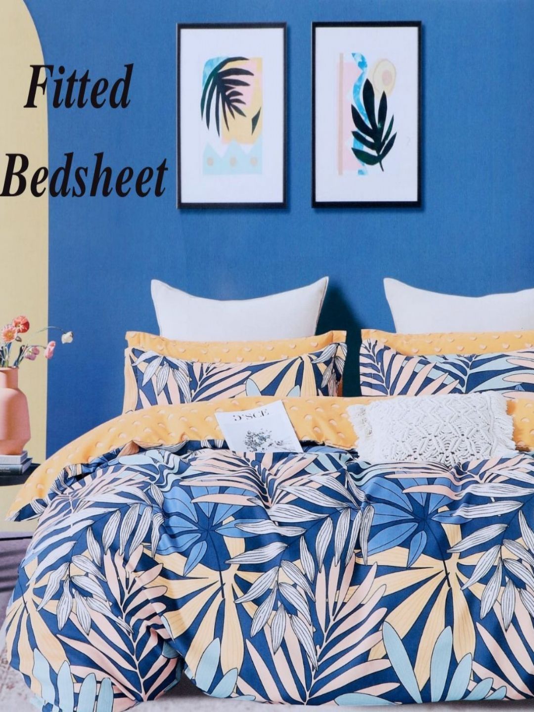 Aura Blue & Peach-Coloured Floral Printed 350 TC Fitted King Bedsheet Set 2.5 m x 2.15 m-picture-18