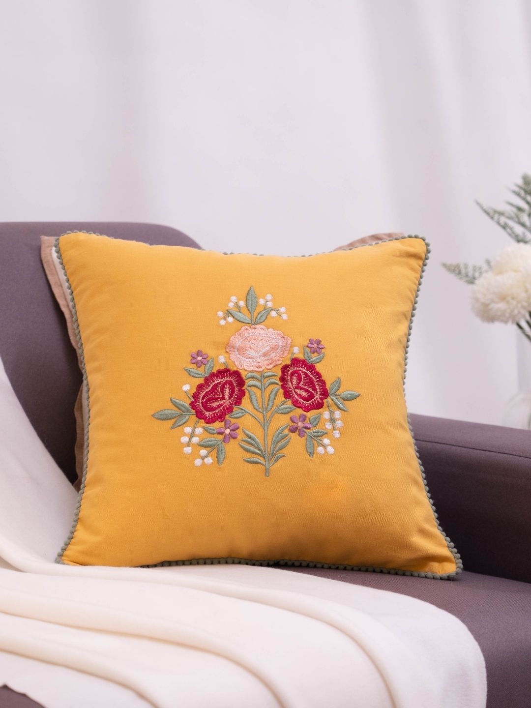 haus & kinder Golden Bloom Mustard & Red Embroidered Square Cushion Covers-image-34
