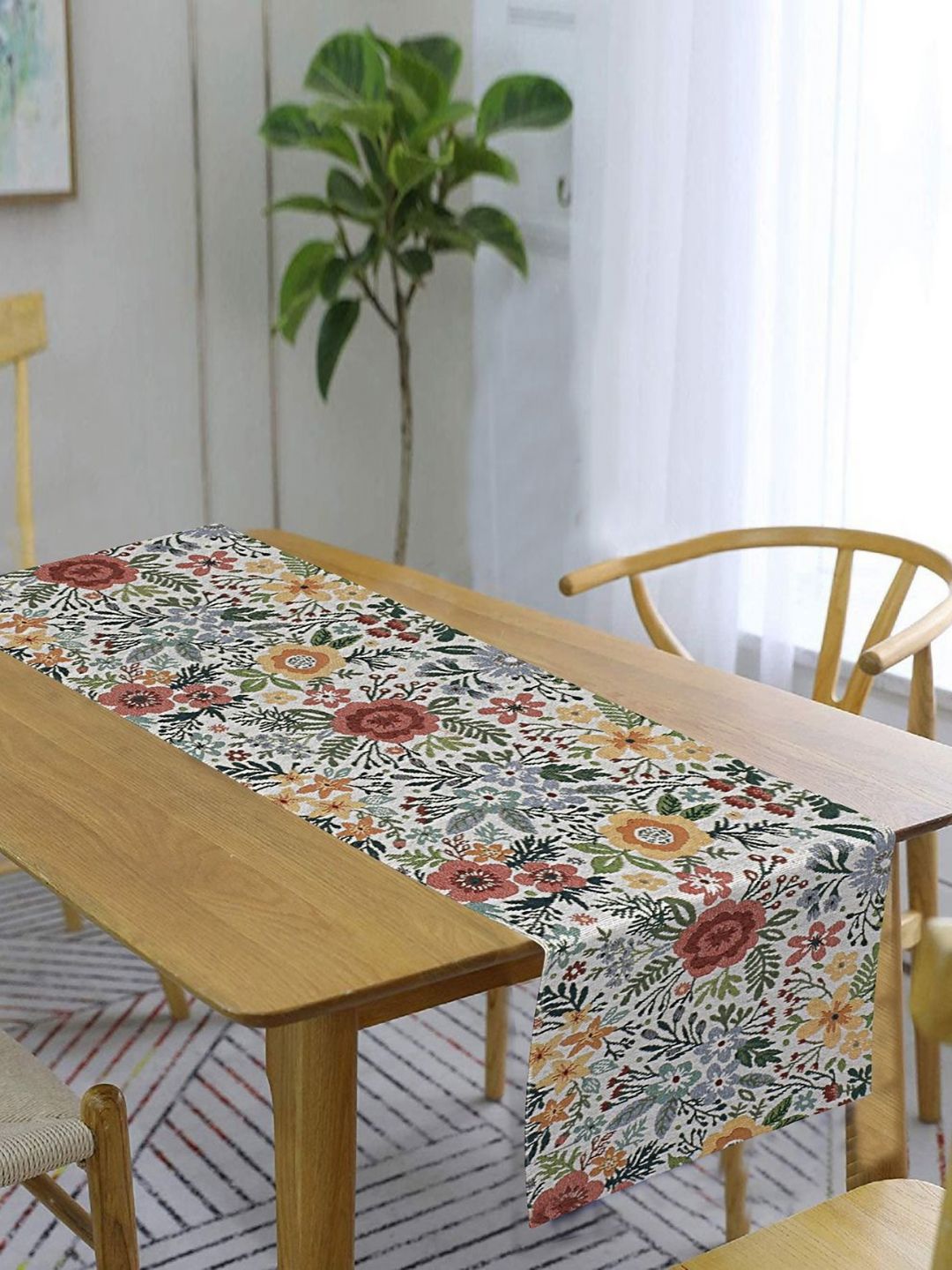 PRAKARTIK White & Green Floral Printed Pure Cotton Durable TableRunner