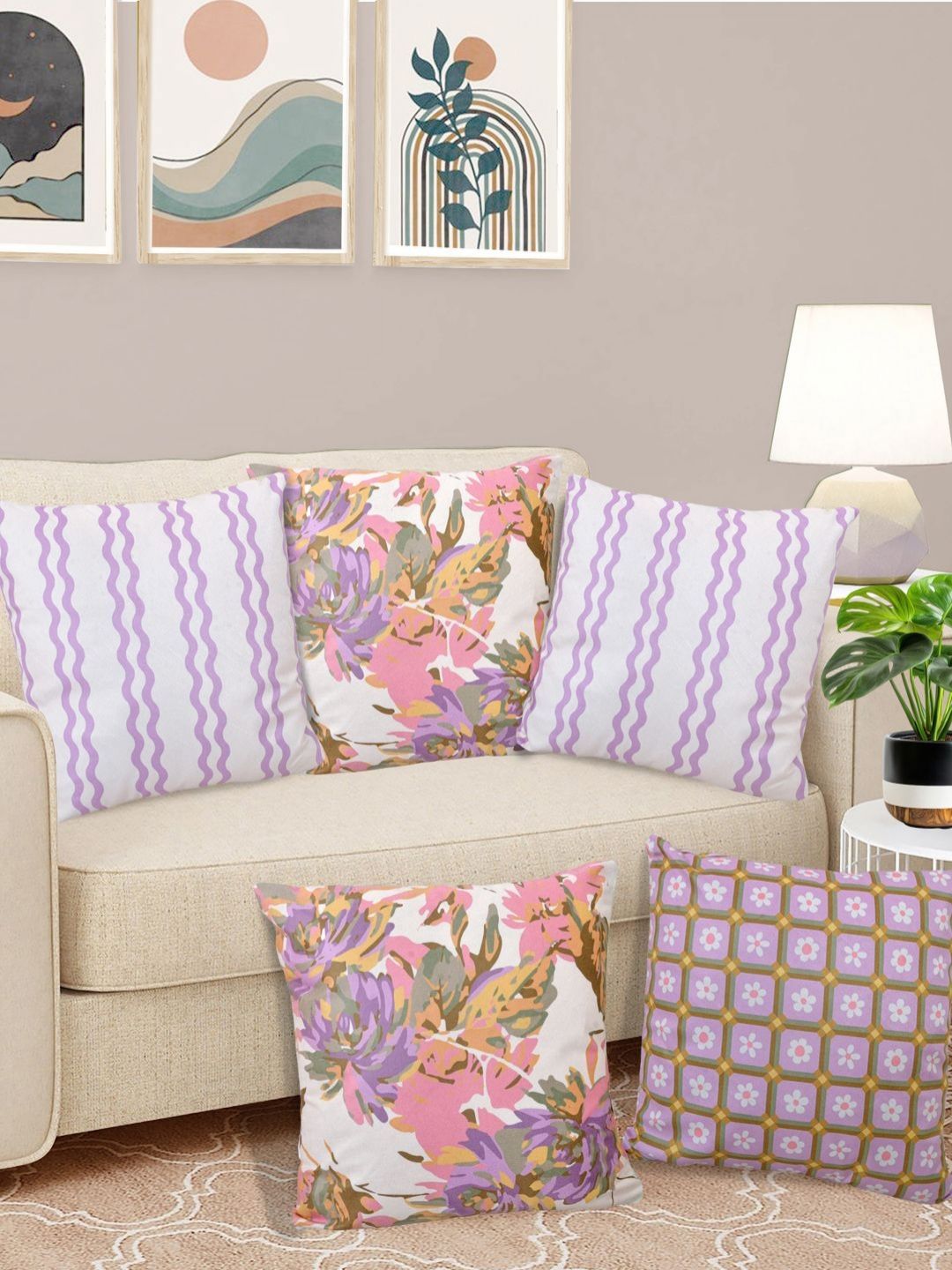 FABINALIV Purple & Pink 5 Pieces Geometric Velvet Square Cushion Covers-image-4