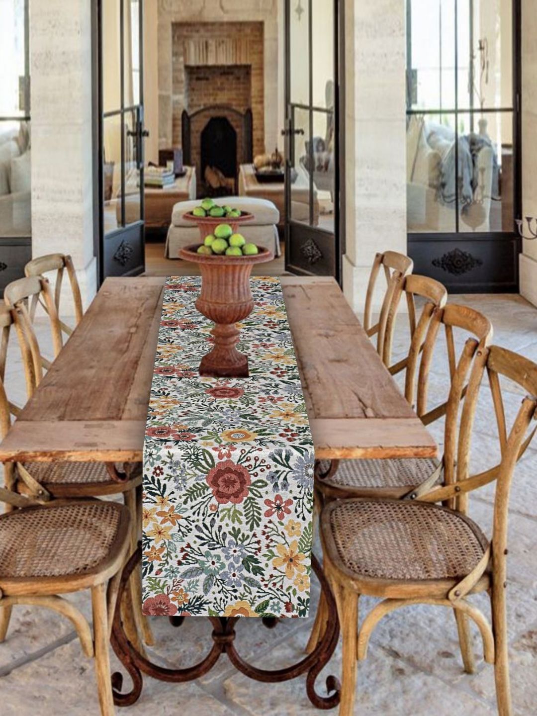 PRAKARTIK White & Green Floral Printed Pure Cotton Durable Table Runner