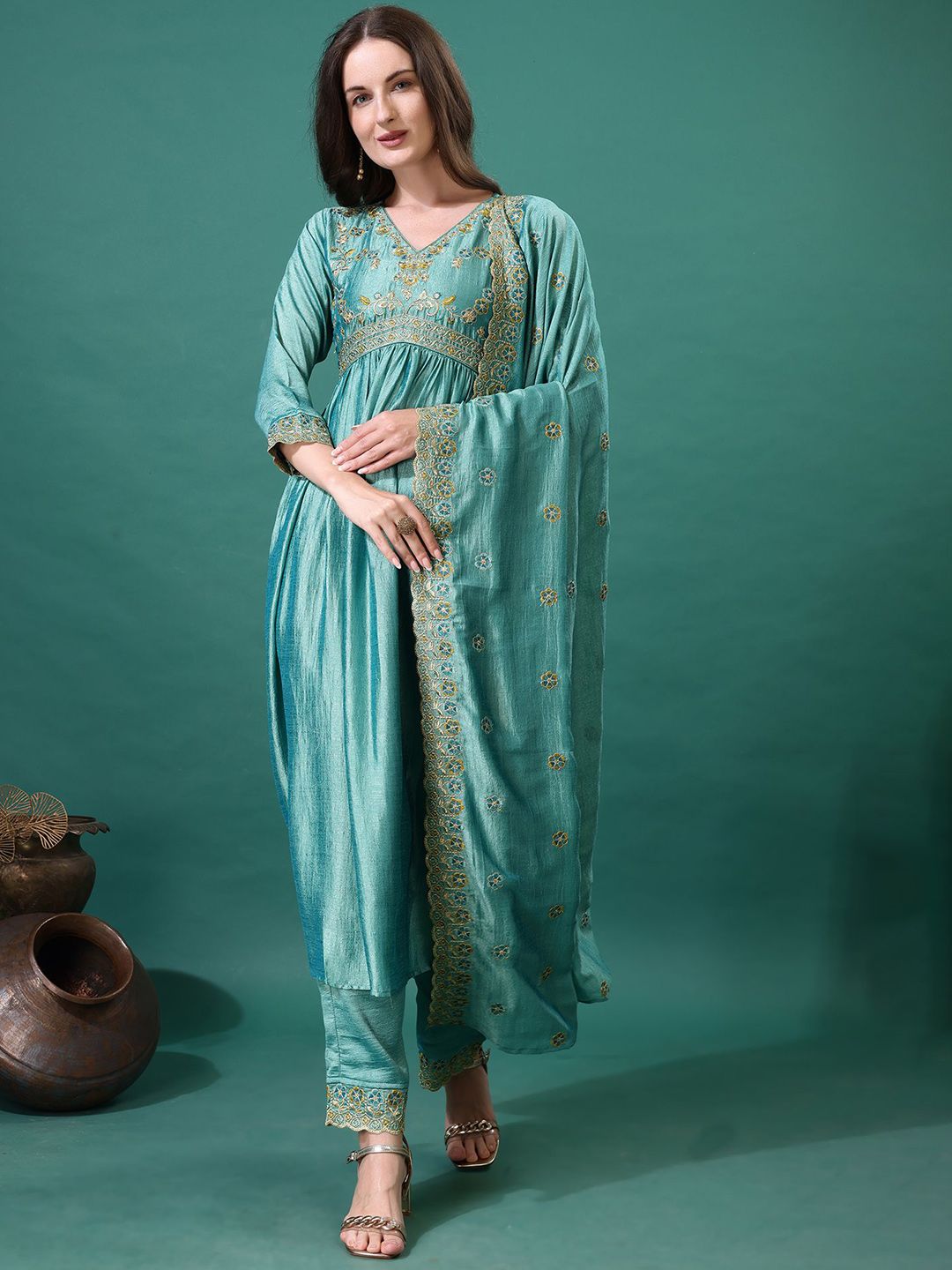 KALINI Women Ethnic Motifs Embroidered Regular Kurta & Trousers With Dupatta