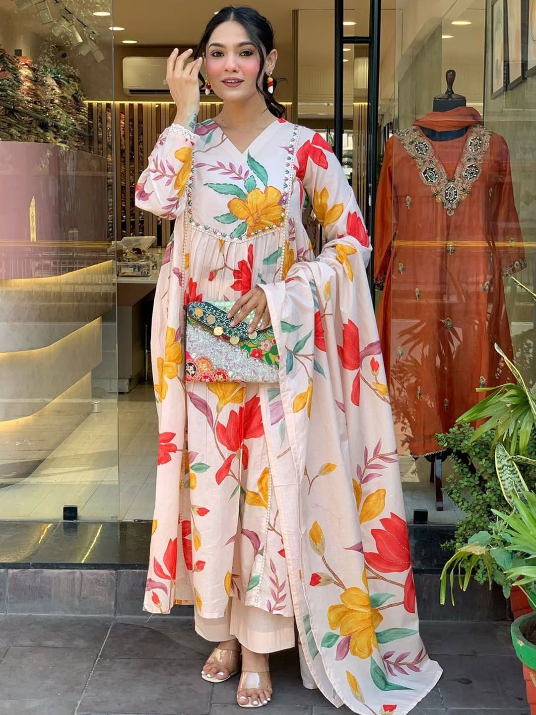 KALINI Floral Embroidered Anarkali Thread Work Kurta With Trousers & Dupatta