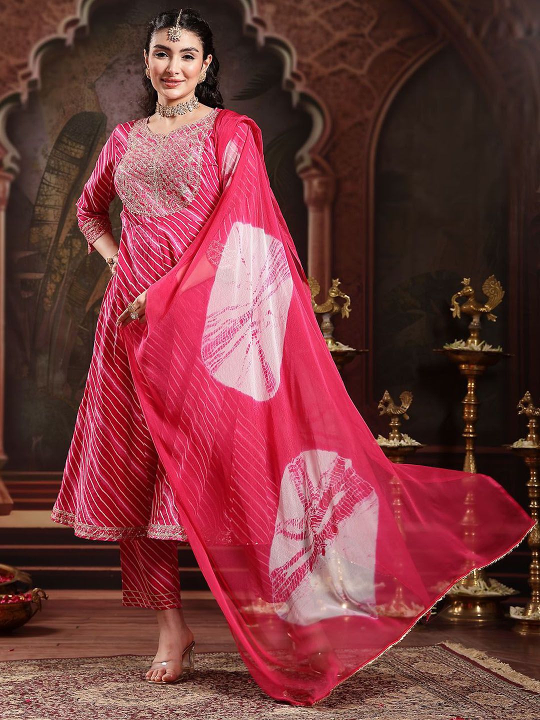 Stylum Leheriya Printed Empire Sequinned Pure Cotton Anarkali Kurta With Trouser & Dupatta