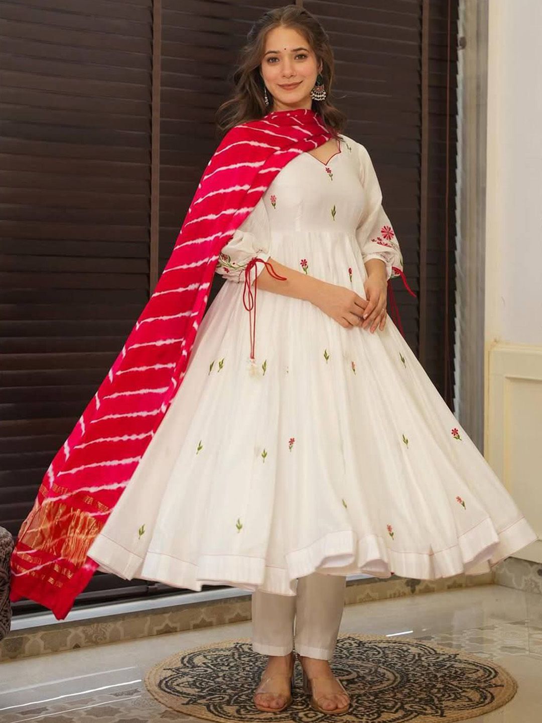 KALINI Women Floral Embroidered Regular Anarkali Kurta & Trousers With Dupatta