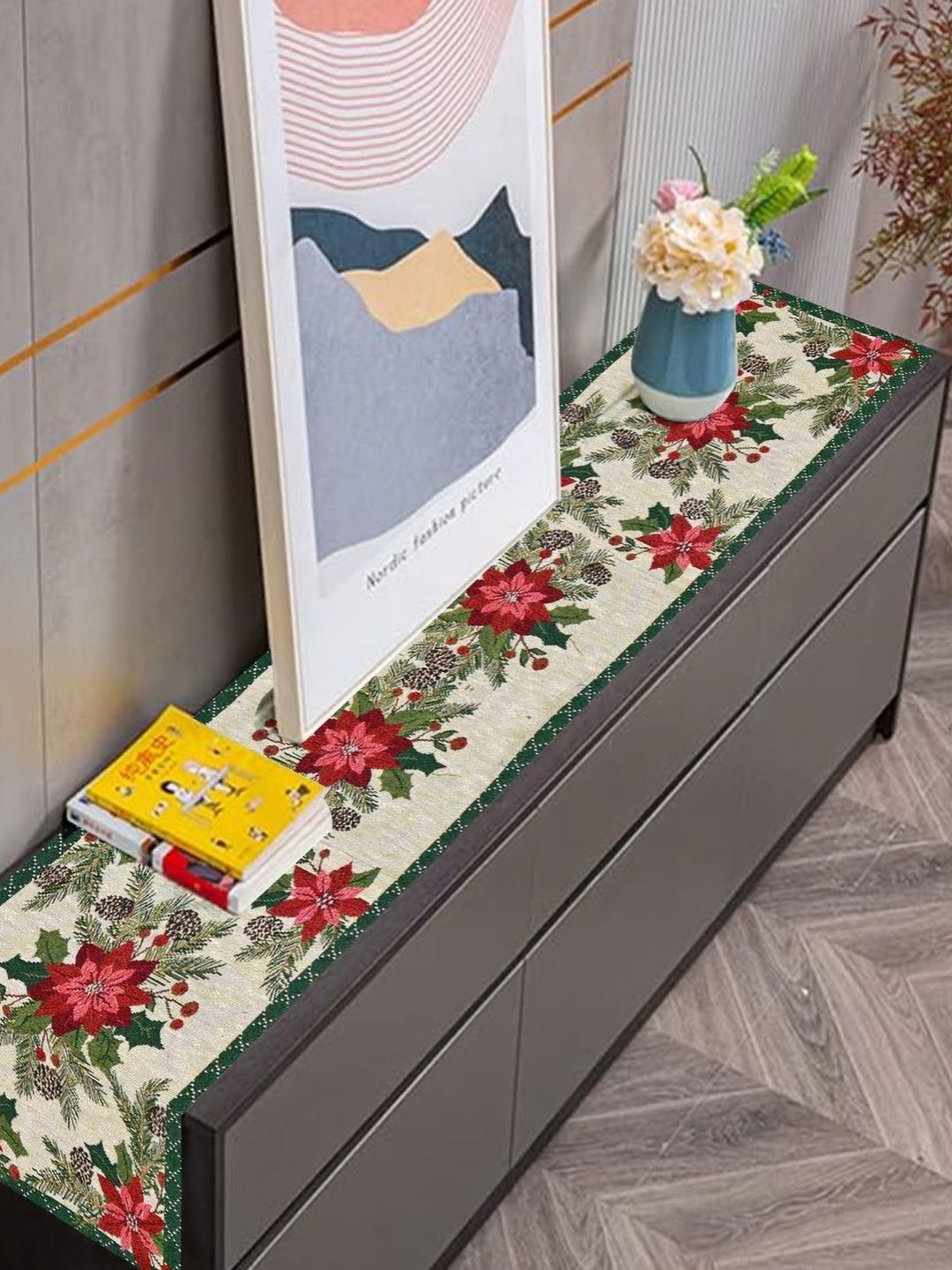 PRAKARTIK Green & Red Floral Printed Pure Cotton Durable TableRunner