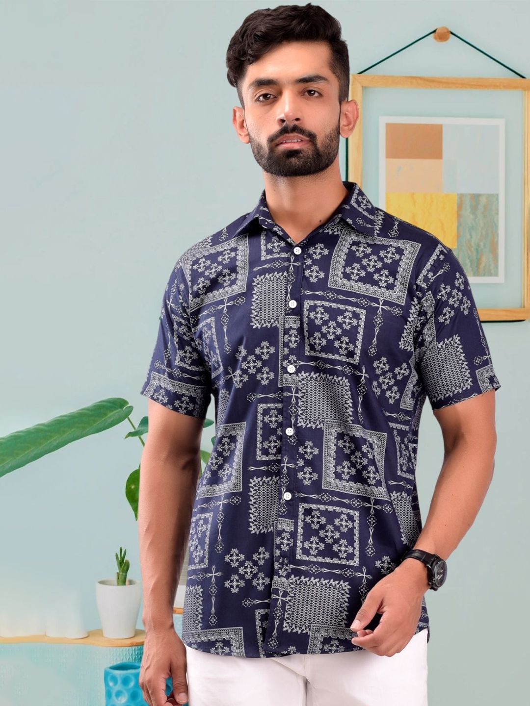 BASE 41 Men Custom Fit Geometric Printed Spread Collar Casual Shirt-image-30