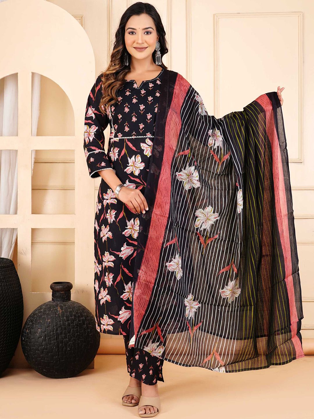 HERE&NOW Floral Printed Pure Cotton Kurta With Trousers & Dupatta