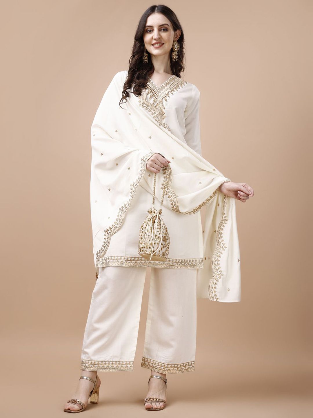 KALINI Ethnic Motifs Embroidered Straight Zari Kurta With Trousers & Dupatta