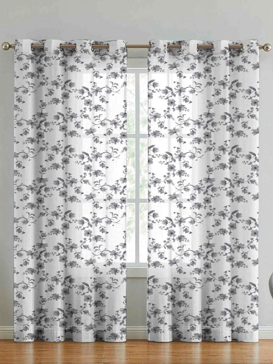 Aura Grey & White 2 Pieces Floral Printed Sheer Linen Door Curtains-image-42
