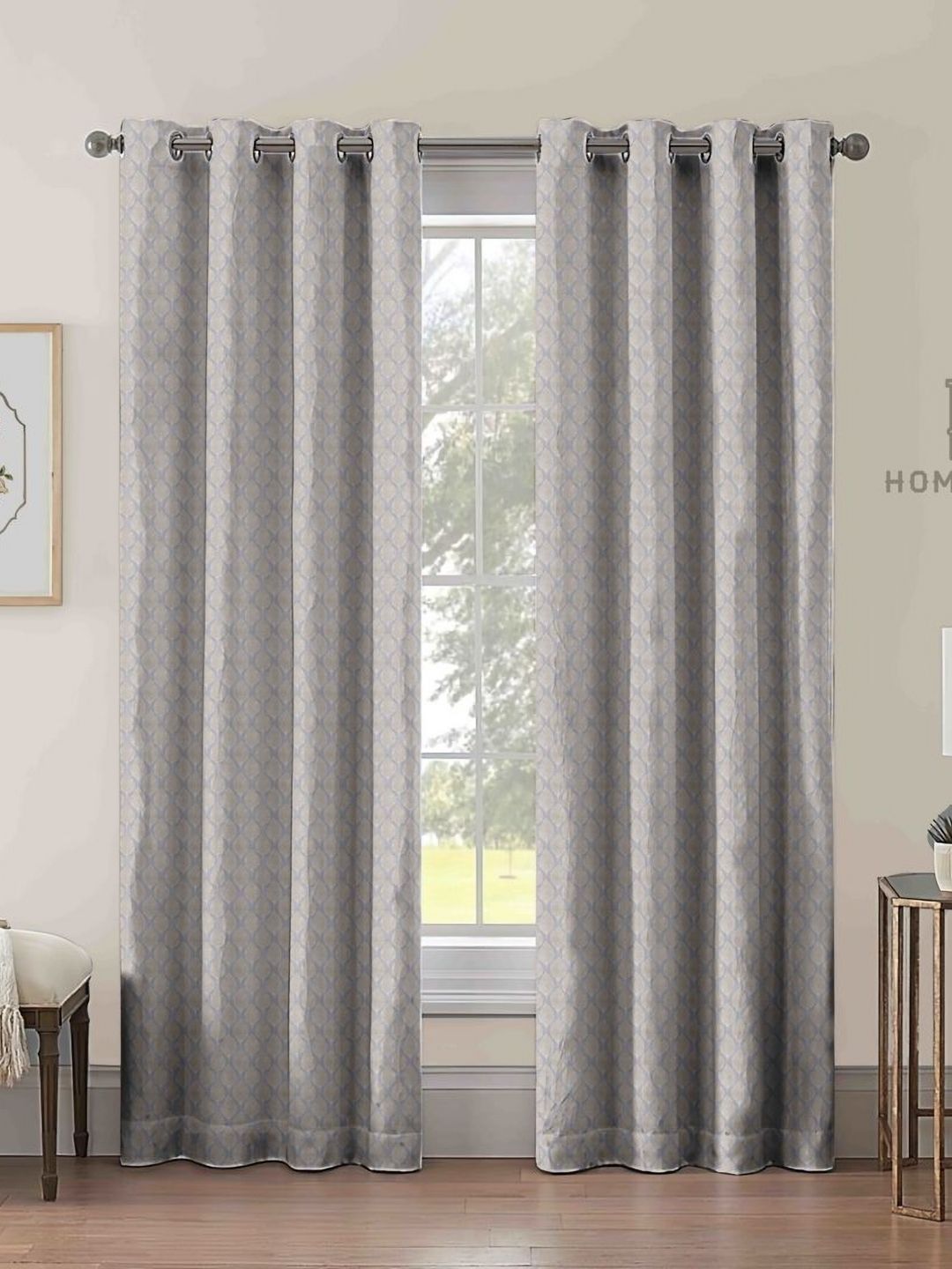 Aura Grey & Cream 2 Pieces Ethnic Motifs Printed Room Darkening Long Door Curtains-image-34